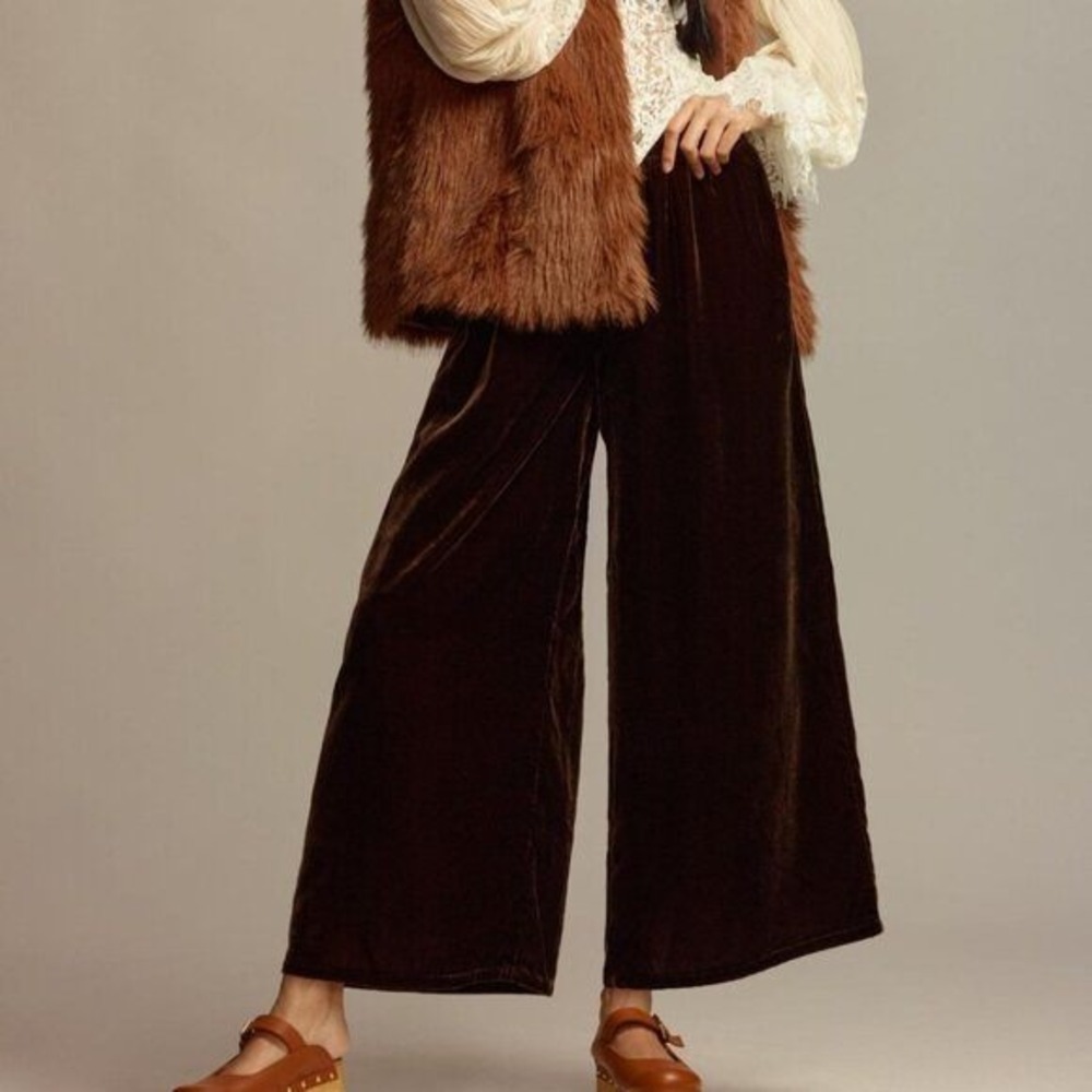 Anthropologie Brown The Somerset Collection Velvet Pants Wide‎ Leg Size Large